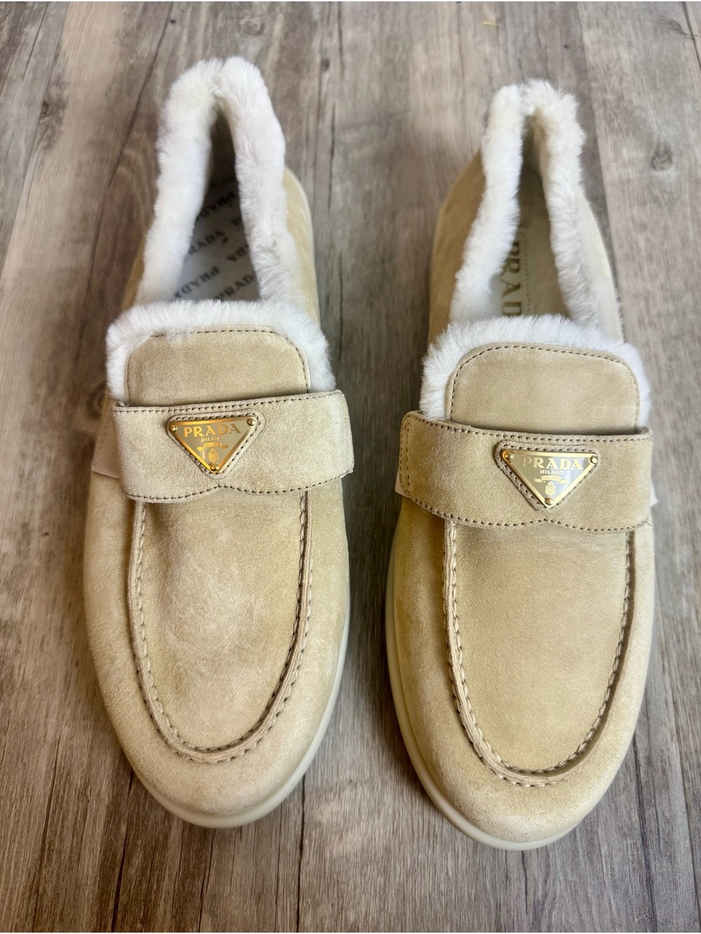 Prada Shearling Suede Loafers Beige Fur Lined Slip On Shoes 41